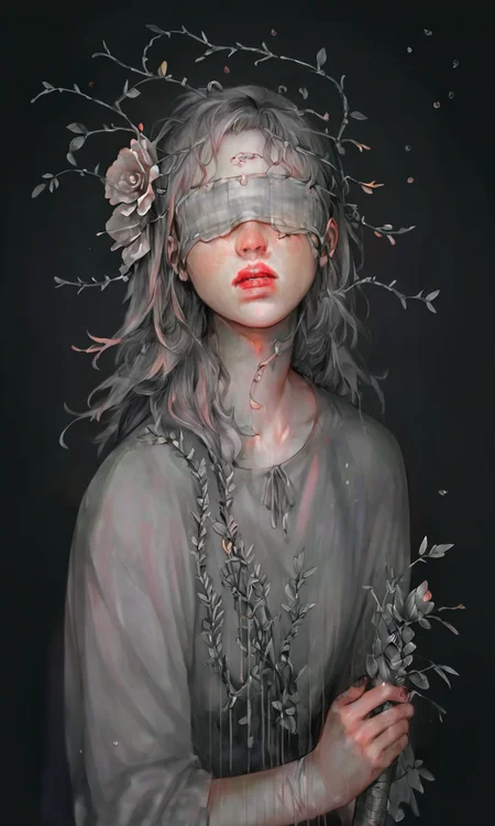 score_9, score_8_up, score_7_up, score_6_up, score_5_up, score_4_up, xhxix style, 1girl, solo, long hair, holding, monochrome, upper body, weapon, flower, greyscale, parted lips, sword, hair flower, fingernails, rose, plant, black background, blindfold, vines