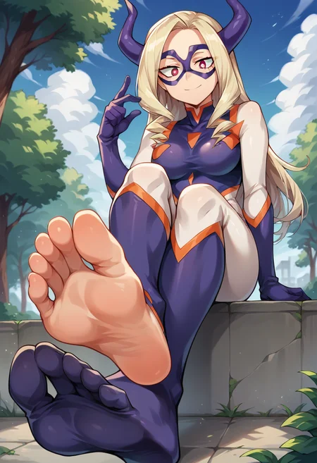 score_9, score_8_up, score_7_up, source_anime, masterpiece, 1girl, ctiantake, bodysuit, domino mask, looking at viewer, outdoors, smile, feet, foot focus, sitting,<lora:YuTakeyamaCT:0.8>