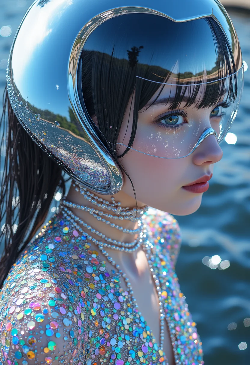 < aidmaMJ6.1 >, A masterpiece of (idol girl) style created by the collaboration of Shinji Higuchi and Makoto Shinkai. The main objects are sliced at intervals along a diagonal, with each interval featuring a different material: the first material is steel, and the second is beads; the remaining materials are those that the main object would originally have.The photograph captures "aidmaMJ6.1," a stunning idol girl rendered in the iconic style of Shinji Higuchi and Makoto Shinkai, from an unconventional aerial perspective. The image is diagonally sliced into two distinct sections: the upper half showcasing a sleek, metallic steel texture, while the lower half features delicate beads shimmering with iridescent light.From this unique viewpoint, you first see the idol girl's top half transformed into a smooth, glossy surface of steel, reflecting the vibrant colors and lights of the environment. The metal surface is almost mirror-like, allowing the viewer to catch glimpses of the background in distorted reflections, adding an element of depth and mystery.Below the steel section, the idol girl’s lower body is depicted with intricate beads arranged in a swirling pattern that mimics both fluid motion and static beauty. These beads vary in size, color, and texture, creating a dynamic interplay of light and shadow as they catch the light from different angles.The diagonal cut enhances the visual impact by dividing the subject into contrasting elements: the cold, hard steel and the warm, soft beads. This juxtaposition not only highlights the unique collaboration between Shinji Higuchi and Makoto Shinkai but also draws attention to the interplay of materials and textures in a single image.The background, though slightly blurred due to the angle and distance, hints at a dreamy, ethereal landscape typical of Shinkai's works, featuring flowing water or gentle mist, adding an otherworldly ambiance to the composition. The overall effect is both surreal and captivating, emphasizing the blend of futuristic and traditional aesthetics that characterizes this collaborative masterpiece. HD32K, hyperdetailed, best quality.