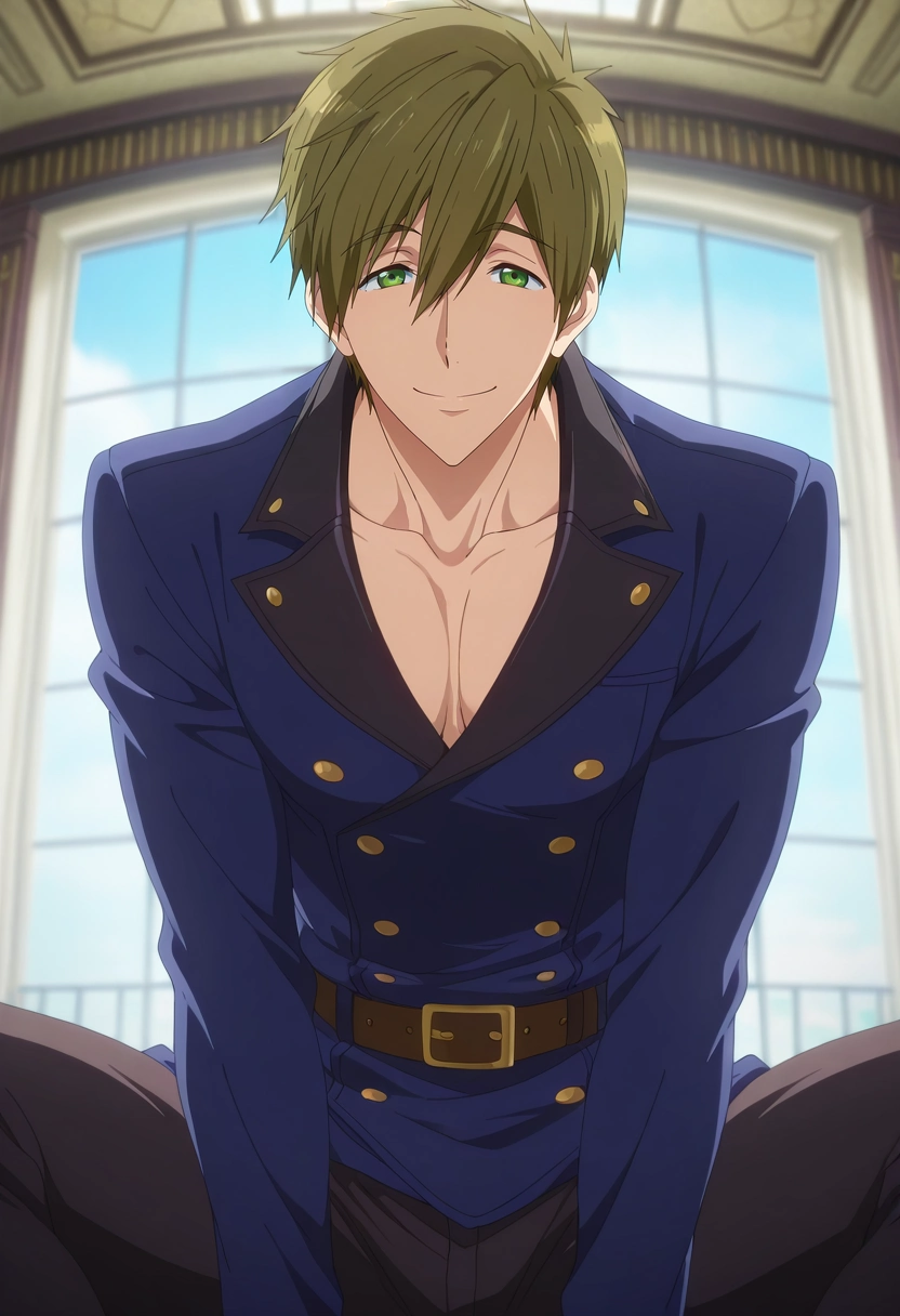 masterpiece, best quality, , anime screencap, anime coloring, , looking at viewer, 1boy, solo, male focus, <lora:makoto_tachibana_ilxl:0.96>, makoto_tachibana, brown hair, green eyes, hair between eyes, tachibana makoto, panorama, mont saint michel, light, spread legs, naughty smile, day of the dead costume