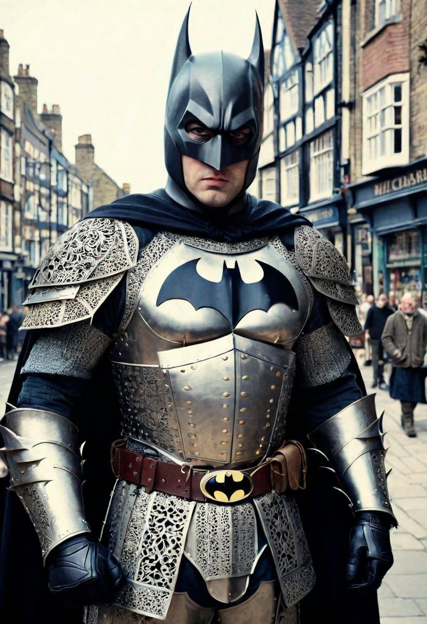 vintage_p_style medieval batman wearing highly stylized and intricate medieval armor, whitechapel street in the background, <lora:VintagePPXL:1>