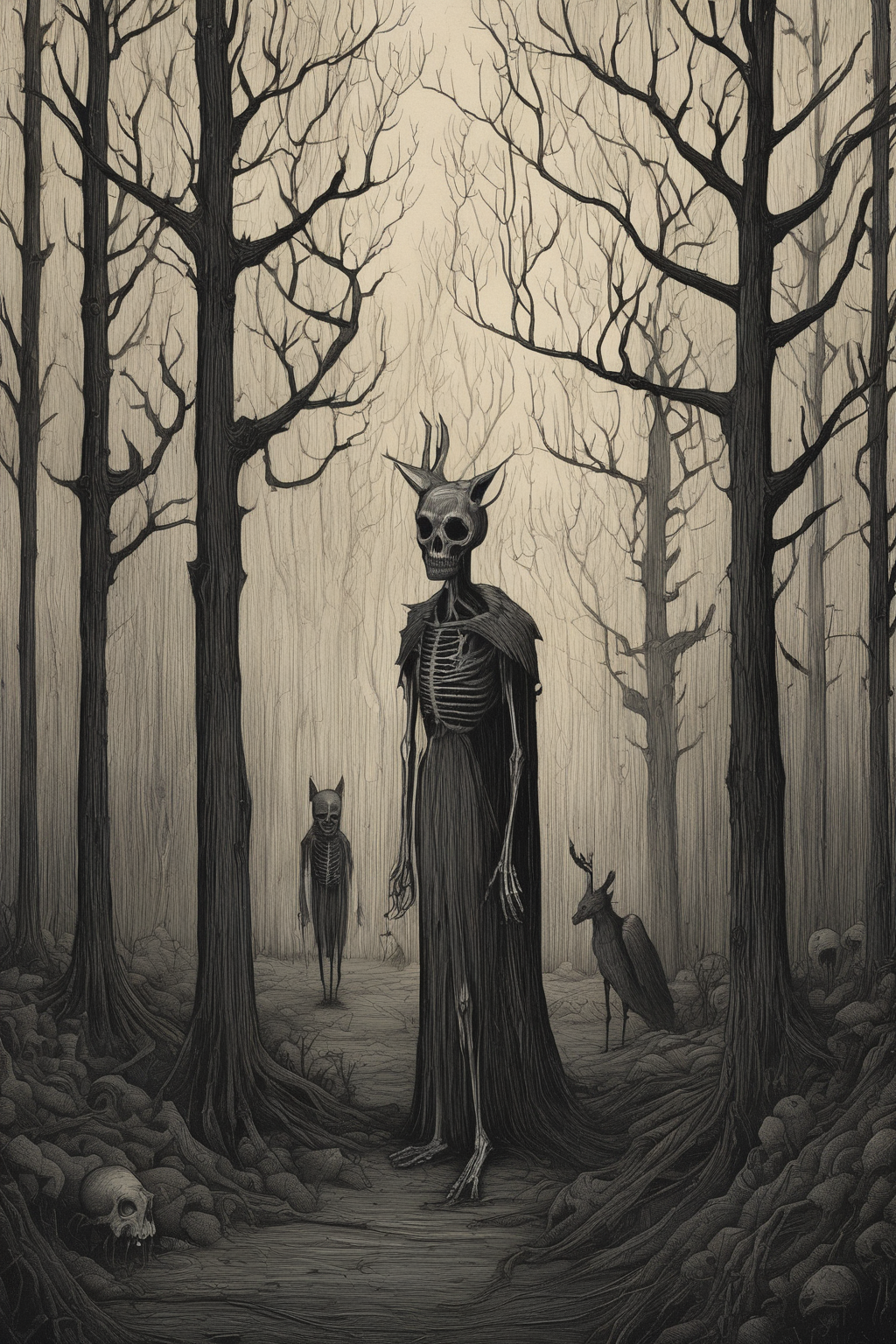 John Kenn Mortensen Style - mystical scary creepy dark woods surreal illustration donken grimdark dark ominous John Kenn Mortensen