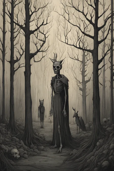 John Kenn Mortensen Style - mystical scary creepy dark woods surreal illustration donken grimdark dark ominous John Kenn Mortensen