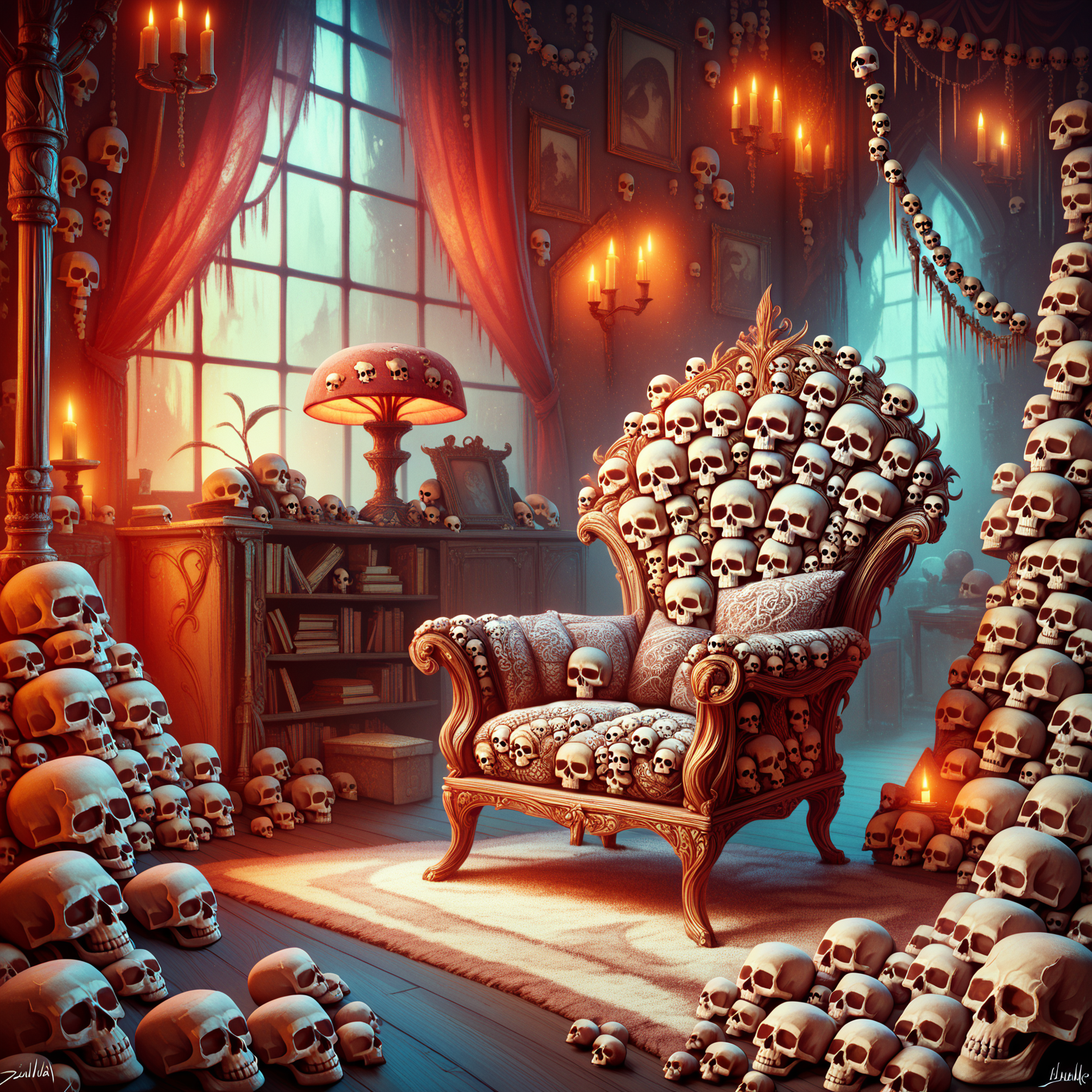 <lora:SlimesSkullWM:1>, score_9, score_8_up, score_7_up, slimes_skullwm, living room background, chair made of skulls