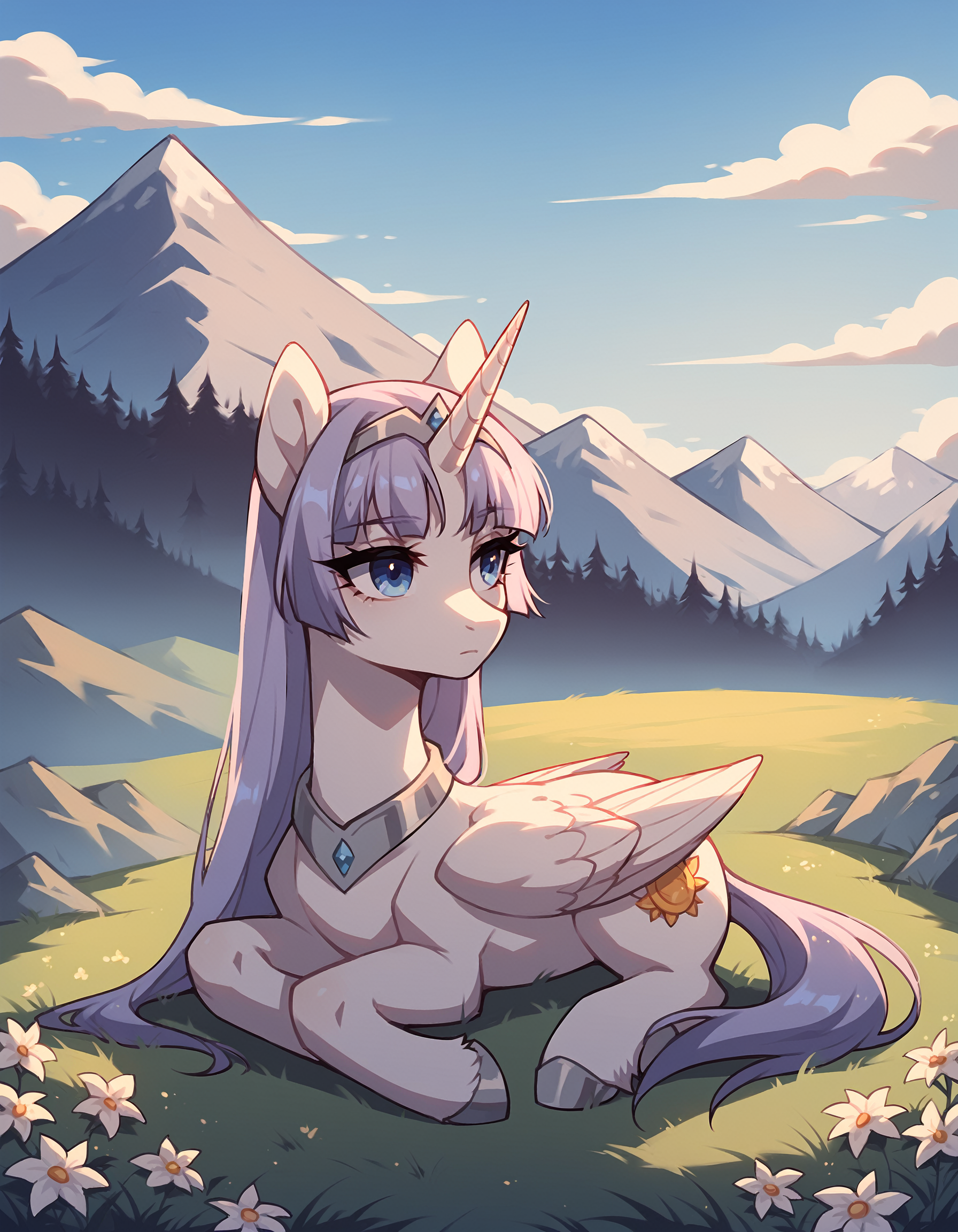 score_9, score_8_up, score_7_up, score_6_up, score_5_up, score_4_up,  feral pony, alicorn, (blank flank:1.1), (melfina:1), long hair, light purple hair, blue eyes, silver hairband, white dress, expressionless BREAK outdoors, mountain, day, sky, flower, mountainous horizon, blue sky, grass <lora:Smooth Anime Style LoRA XL:1> <lora:melfina-ponyxl-1-000008:0.6>