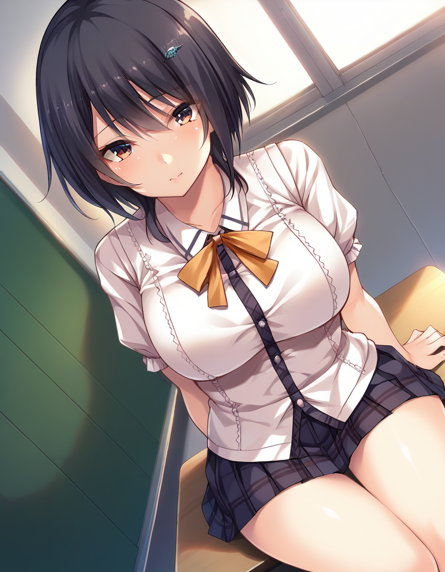 <lora:ikoma_yui toriko no kusari_epoch_4:0.9>,i_yuik,short hair,black hair,hair ornament,large breasts,school uniform,sitting,dutch angle,classroom,, score_9, score_8_up, score_7_up, score_6_up, score_5_up, score_4_up, BREAK source_anime,
