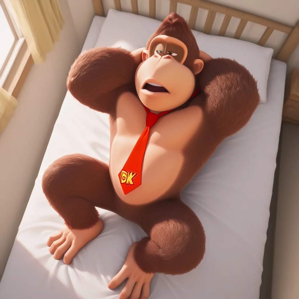 D0nkey_kong, Gorilla, Brown fur, Red necktie, ( pecs), Brown eyes, realistic, tongue, detailed mouth, detailed skin, arms behind head, armpit, good angle, solo, half closed eyes, lying, tired, tired expression, from above, Full body , spread legs , Head up, On a bed, half body, lips, kiss, open mouth, round mouth, teeth