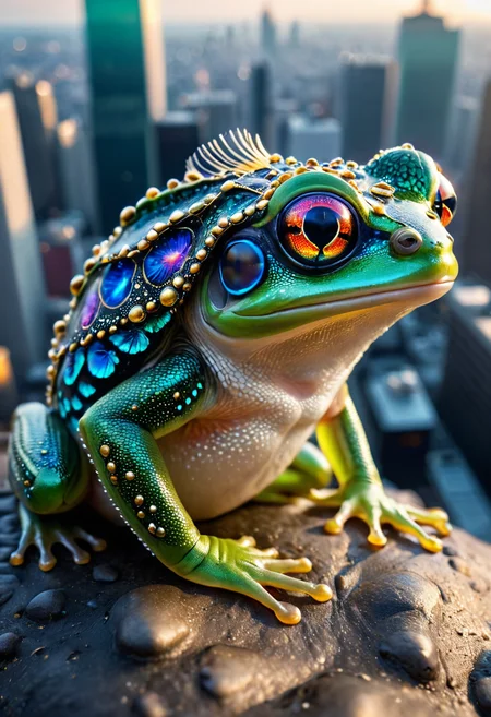 cinematic film still (((Glass Frog: A translucent frog revealing its internal organs..  Peacocks' feathers become portals to universes where color is a sentient, living language.. with exaggerated expressions))). Unique Perspectives from Elevated Vantage Points: Find high locations (like rooftops) for panoramic city views; shoot during golden hour for stunning colors that enhance urban landscapes dramatically.. (dynamic:1.1),sun rays,
{(taken by 5mm fisheye lens:1.1)|(taken by 10mm fisheye lens:1.1)|(taken by 12.5mm fisheye lens:1.1)|(taken by 15mm fisheye lens:1.1)}, 
(Vivid, HDR, Canon50, 8K, Hyper Realistic, Dramatic, Epic, Dynamic Contrast, Cinematic Lighting, increased brightness, Zoomed Out, Far away Shot. Epic dynamic lighting , vibrant,highly detailed,psychedelic, Psychedelic, rainbow glow)
((Vivid, Epic, Dynamic contrast)) (((Zoomed out, Far away shot, In frame)), (((Cinematic)))
<lora:juggernautXL_version6Rundiffusion:0.8> <lora:crystalClearXL_ccxl:0.8><lora:hyperkraximalism:0.4> hyperkraximalism
 <lora:rundiffusionXL_beta:0.8> <lora:rainbow_iris_v2:0.6> rainbow eyes . shallow depth of field, vignette, highly detailed, high budget, bokeh, cinemascope, moody, epic, gorgeous, film grain, grainy
