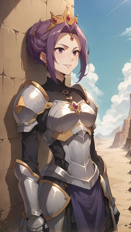 score_9,score_8_up,score_7_up,score_6_up, source_anime, zPDXL, <lora:Mirelia Q - Pony:0.8>, woman, purple hair, purple eyes, crown, armor, breastplate, armored dress, black undershirt, <lora:Wakfu_CartoonV02:0.5>, <lora:xl_more_art-full_v1:0.5>, battlefield, dust storm, sand, barren desert, smile, parted lips, (leaning back against a wall),