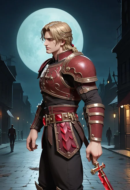 score_9, score_8_up, score_7_up, score_6_up, 1boy, male, muscular, (view from side:2), night, moon, derelict town, (dark empty streets:2), simon belmont, simonbel, (holy cross design:1.3), red armor, stylized red breastplate, gold accents, (long black sleeves:1.3), (black pants:1.3), (ruby jeweled belt:2), metal wristband, (black gloves:1.2), shoulder length blonde hair, steel greaves, walking