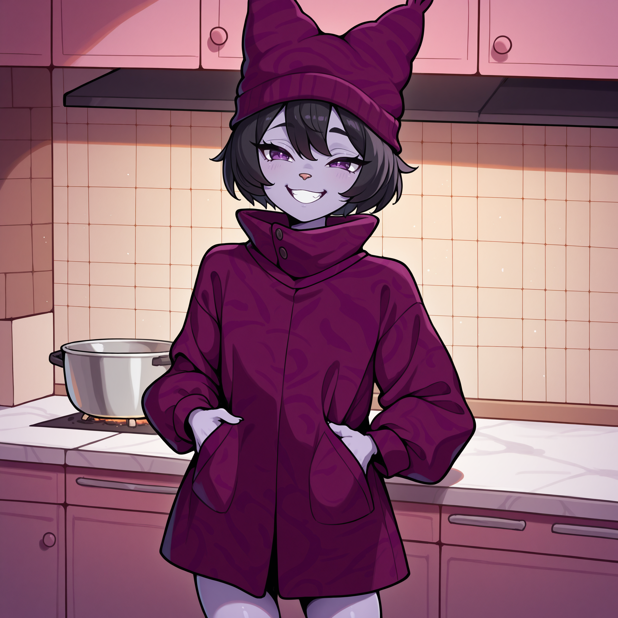 masterpiece, high quality, best quality, newest, chwdr, 1boy, solo, black hair, short hair, kitchen, animal nose, purple skin, grin, beanie, purple coat, purple eyes, cowboy shot, skinny,  <lora:ChowderNEWIlluV1:1>