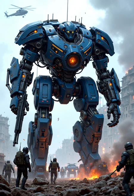 a huge high end bipedal robot battle unit, dark blue and neon power armor, detailed cyberhelmet, robot joints and circuits, holding an assault rifle, fighting in a battle on a futuristic sci-fi battleground, smoke, ruins, soldiers in power armor also advancing (size difference), attack helicopter, armored vehicles, intricate detail. Perfect Composition, realistic photographic image, RAW photo highest quality, perfect directional lighting, mythp0rt, flux_dk