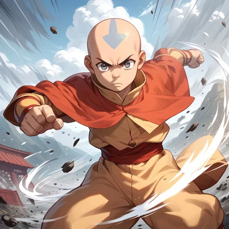 score_9, score_8_up, score_7_up, score_6_up, score_5_up, score_4_up, 1boy, Aangava, grey eyes, avatarstate, bald, fighting stance, airbending, solo, windy, wind blowing