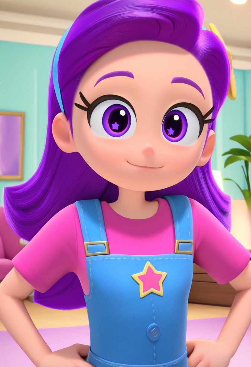 Purple_Star, 1girl, solo, fair skin, purple eyes, wavy hair, purple hair, light blue headband, star headband, pink t-shirt, light blue overalls, white socks, purple shoes, (light smile, Hands on hips, looking at viewer, indoors, elegant room, solo, dynamic pose, close-up, upper body,),