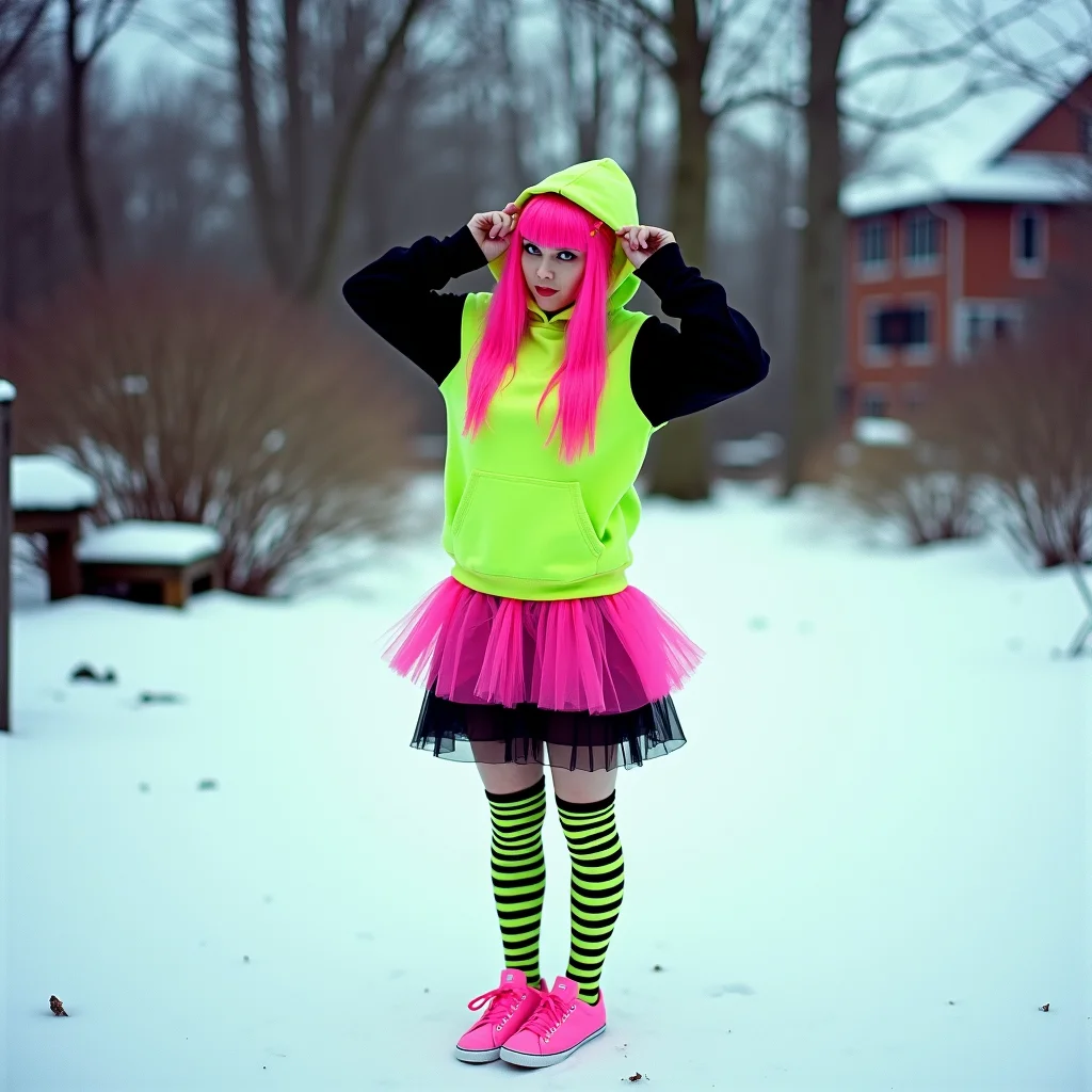 This photograph captures a 30 year old woman standing in a snowy outdoor setting, likely a park or garden, with a backdrop of trees and a house visible in the distance. The subject is dressed in a vibrant, eclectic fashion that contrasts sharply with the wintry environment. She's wearing a lime green hoodie with black sleeves. Her hair is strikingly bright pink, with long, straight strands and a few small pink hair clips.
Her outfit includes a short, pink tutu skirt over a black tulle skirt, and they are adorned with black and neon green striped thigh-high socks. On their feet, they have neon pink Adidas sneakers with white soles. The person's arms are raised, holding the hood of their hoodie, which is pulled up to cover their head, adding to the whimsical and playful aesthetic.
. taken with a Yashica T4 on Fujifilm Superia 400 film, is soft and pastel-toned with a ghostly atmosphere. The lighting is flat and cool, creating a washed-out palette that enhances the surrealism of the abandoned setting.
<lora:Emo_girls_-_flux-000012:1> em0g1rls, em0