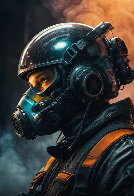 Cyberpunk concept art. Head and shoulders portrait. A driver in a helmet and oxygen mask sits in a high-tech, sleek performance car with a massive industrial exhaust turbofan, spewing noxious fumes and smoke. Macro shot. High-octane, diesel punk, grimy atmosphere, dynamic dramatic lighting, smoky volumetric effects, metallic sheen, bursting triadic colors. Greg Rutkowski, Ash Thorp, Kekai Kotaki, AI-generated, trending on Artstation, 8k resolution, concept art portrait, Unreal Engine 5, highly detailed, intricate, painterly, dark sci-fi, neon glow, detailed textures.