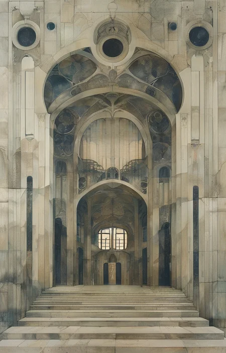 masterpiece,best quality,<lora:tbh309-sdxl:0.9>,illustration,designed by Victor Horta, Brutalist concrete university campus with geometric shapes and exposed materials