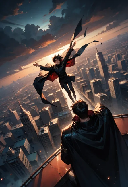 (score_9, score_8_up), score_7_up, 2boys, long black coat, tears, black hair, eyelashes, water droplets, cityscape, from above, high above, falling down, arms out, floating black cape, floating hair, falling, dynamic, dutch angle, blurry background, depth of field, DOF, red theme, night sky, gritty, dark lighting, cloudy, sparkles, chaotic, Cinematic quality rendering, Dynamic composition
<lora:DetailedEyes_V3:0.5> <lora:add-detail-xl:0.5>