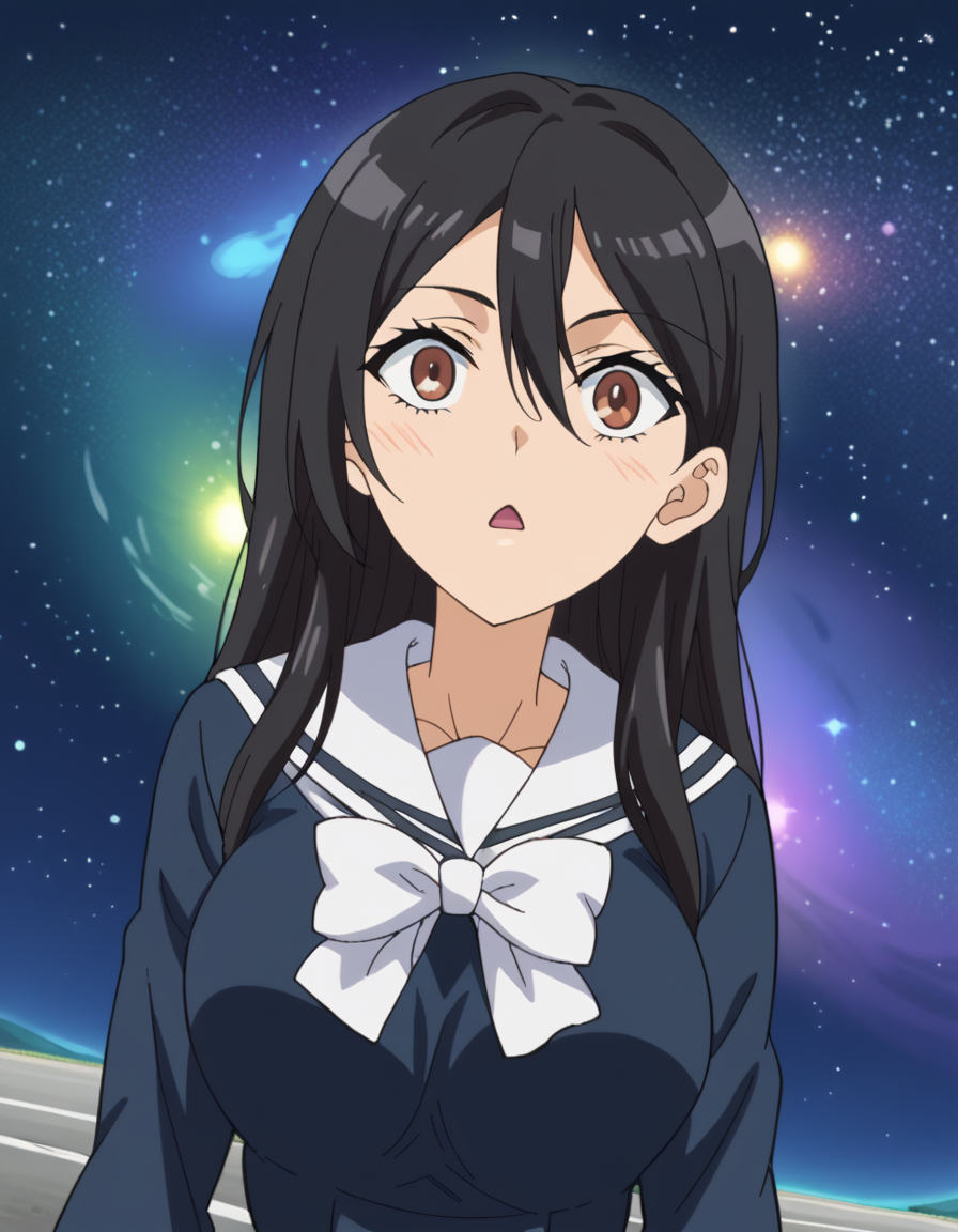 score_9, score_8_up, score_7_up, source_anime, <lora:seiri-fukiyose-indexs2-ponyxl-lora-nochekaiser:1>, seiri fukiyose, long hair, black hair, brown eyes, hair between eyes, anime screencap,, large breasts, skirt, school uniform, serafuku, black shirt, black skirt, long sleeves, white bowtie, white sailor collar, a certain high school uniform, highway, cars, lanes, fast, long, , <lora:space-cat-ponyxl-lora-nochekaiser:1> space cat, space cat (meme), galaxy, meme, space, galaxy background, universe, nebula, star (sky), blank stare, looking up, open mouth, blush, cowboy shot, looking at viewer, solo,, dutch angle, cowboy shot