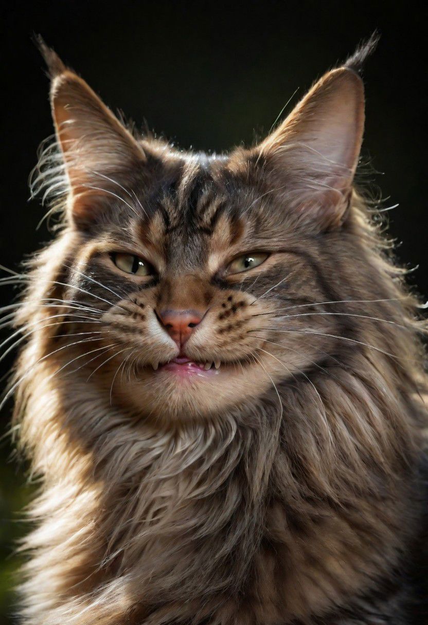 A strikingly majestic MaineCoon cat, its fur exhibiting a stunning blend of colors, from rich browns to lustrous blacks, reminiscent of the intricate strokes of a master painter.