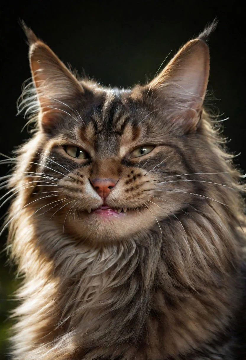 A strikingly majestic MaineCoon cat, its fur exhibiting a stunning blend of colors, from rich browns to lustrous blacks, reminiscent of the intricate strokes of a master painter.