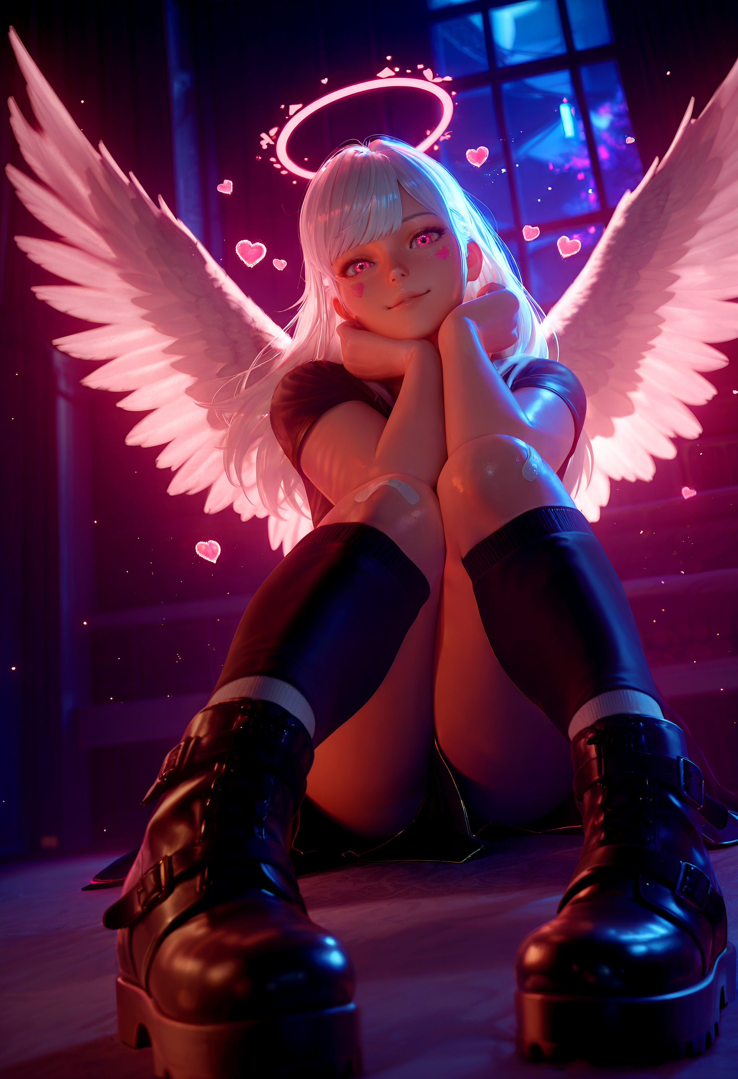 HDR, 8K, high contrast, masterpiece, best quality, soft lighting, blum effect, masterpiece, absolutely eye-catching, particles, glow, shining, intricate cinematic background, CG,shiny hair,clear skin,ultra-detailed-eyes, chiaroscuro, dynamic angle, kms_3dx, (realistic, 3d), (ue5, raytraced), 1girl, wings, heart, solo, long hair, skirt, socks, white hair, bandaid, black skirt, angel wings, bangs, looking at viewer, foff boots, platform footwear, black footwear, sitting, bedroom, foreshortening , dark, night, bloom, backlighting, partially illuminated, Intricately designed, Mysterious Shadows, BREAK, photorealistic, beautiful detailed eyes, detailed skin, detailed hair, volumetric lighting, dappled light, light particles, dramatic shadows, cinematic lighting, photo background, depth of field, <lora:IL\KMS_3DxM04_IL:1.25>