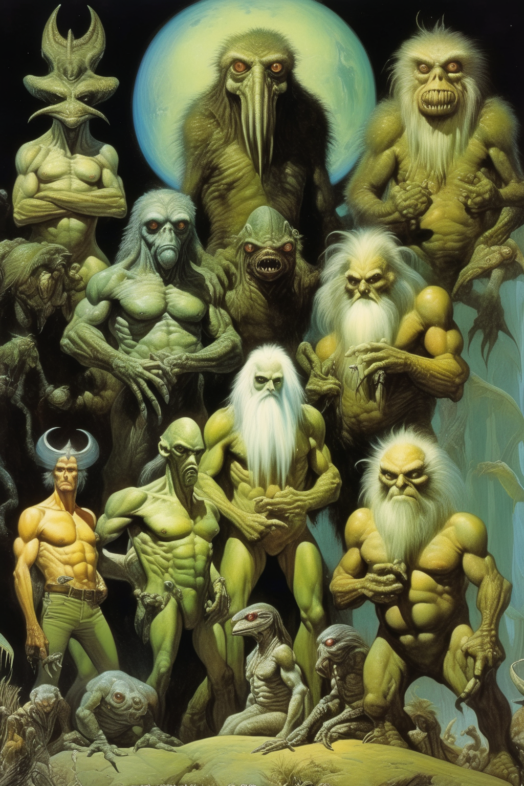 <lora:Richard Dadd Style:1>by Richard Dadd Style - a group of creatures in the style of cryptid academia, ben wooten, monumental murals, alan moore, charles willson peale, otherworldly beings by Clyde Caldwell, boris vallejo and frank frazetta