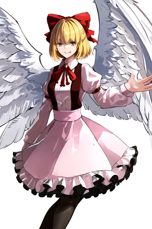 solo_focus, 1girl, ((white background, simple background)):2, (((masterpiece))), ((best quality)), ((ultra-detailed)), high resolution, absurdres, highres, ultra-detailed 8k unity wallpaper, 
solo, 1girl, gengetsu, 
arcueid_\(tsukihime\), 
solo, 1girl, smile, short_hair, shirt, breasts, blonde_hair, bow, long_sleeves, skirt, ribbon, dress, yellow_eyes, hair_bow, thighs, collared_shirt, red_bow, wings, vest, bowtie, black_pantyhose, red_vest, pink_shirt, red_bowtie, feathered_wings, pink_dress, open_vest, white_shirt_white_skirt, white_shoes, blonde_short_hair, red_head_bow_ribbon, one_piece_head_bow_ribbon, bow_ribbon, white_angel_wings, white_drees, brown_vest, wear_outside, twin_wings,