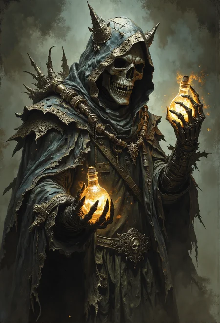 Plague doctor, cracked mask, tattered cloak, glowing vials, skeletal fingers <lora:FredFraiStyle-FLUX-Share.safetensors:0.25>, <lora:Magic_of_Art_\(FLUX\).safetensors:0.25>, <lora:Elden_Ring_-_Yoshitaka_Amano.safetensors:0.75>, <lora:- Flux1 - soothing_atmo_V2.0.safetensors:0.15>,