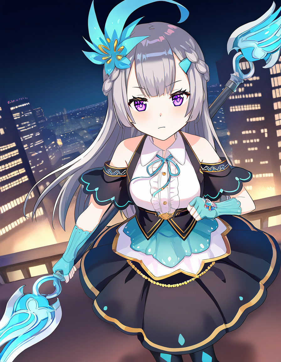 masterpiece, best quality, newest, absurdres, highres, safe, 1girl, shizumi konoha, magia record: mahou shoujo madoka magica gaiden, holding polearm, solo, city, night, dutch angle, <lora:shizumi_konoha_noobaiXLNAIXL_vPred10Version:0.7>