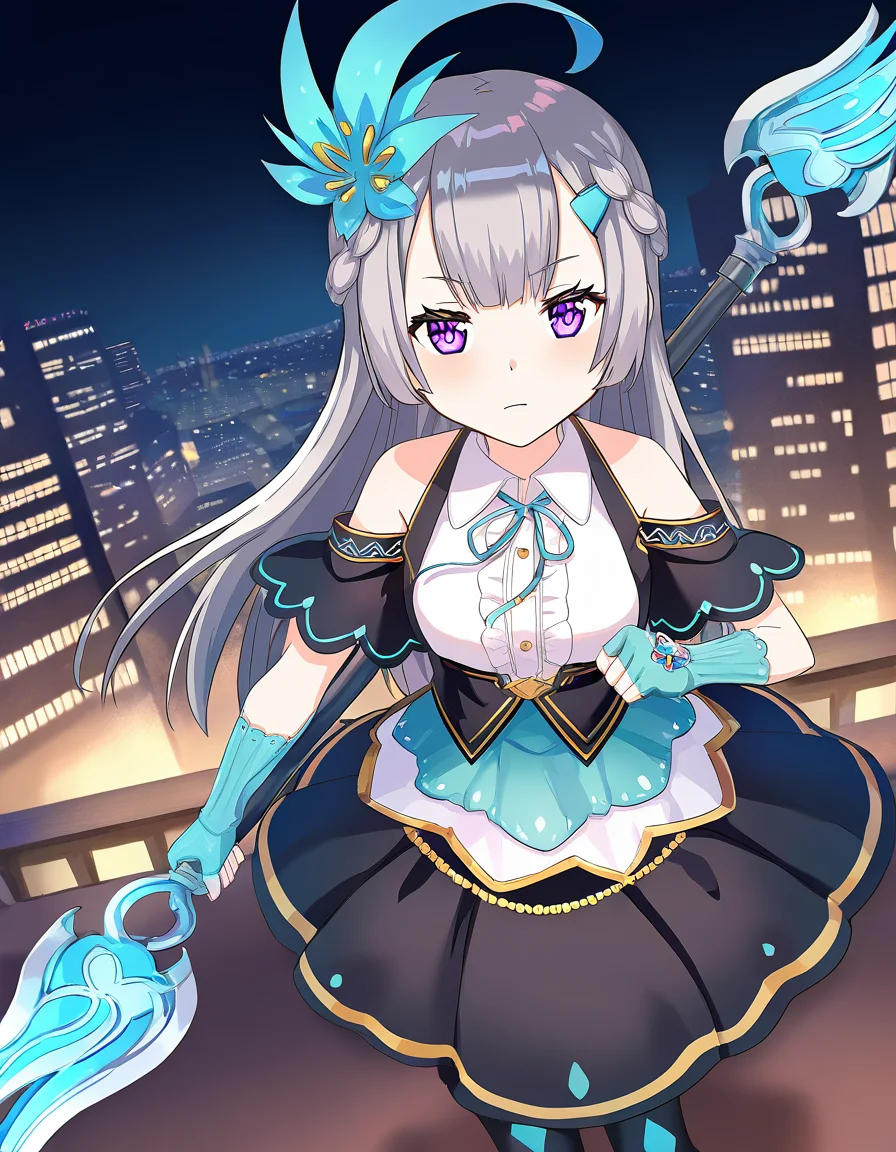 masterpiece, best quality, newest, absurdres, highres, safe, 1girl, shizumi konoha, magia record: mahou shoujo madoka magica gaiden, holding polearm, solo, city, night, dutch angle, <lora:shizumi_konoha_noobaiXLNAIXL_vPred10Version:0.7>