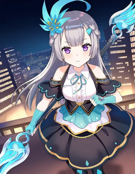 masterpiece, best quality, newest, absurdres, highres, safe, 1girl, shizumi konoha, magia record: mahou shoujo madoka magica gaiden, holding polearm, solo, city, night, dutch angle, <lora:shizumi_konoha_noobaiXLNAIXL_vPred10Version:0.7>
