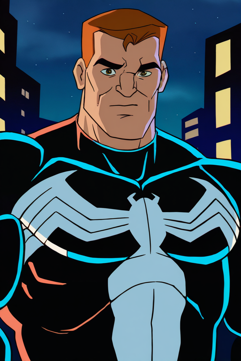 masterpiece, best quality, highres, newest, eddiebrock, venom, 1boy, solo, male focus, mature male, short hair, orange hair, brown eyes, thick eyebrows, muscular male, symbiote, spider print, bodysuit, black bodysuit, looking at viewer, standing, portrait, upper body, outdoors, city, building, night, night sky <lora:Venom (Eddie Brock) Spider-Man TAS v1.2 [LoRA] - NoobAI-XL EPS 1.0:0.8>