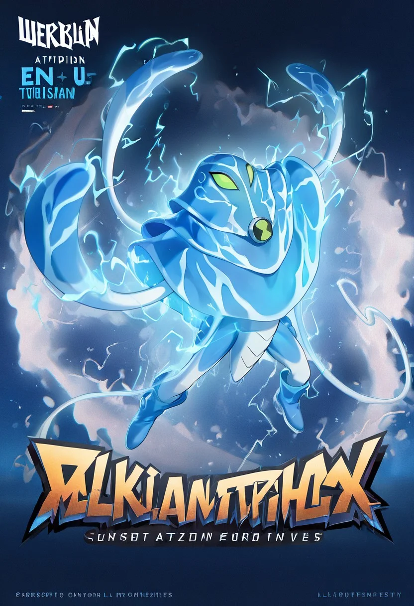 masterpiece, best quality, amazing quality, very aesthetic, absurdres, newest,, detailed background,
ampfibian, full body, pokemon (creature), no humans, colored sclera, green eyes, blue skin, tentacles, extra eyes, colored skin, squid, jellyfish, no mouth,
attacking, pokemon artwork, pokemon poster, dynamic pose, electric attack, blue electricity,