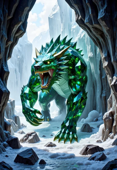 FluxEpicDragon, a crystalline bear made of cut green emeralds and blue diamond gemstones with subsurface scattering and light transmission, in a beastly stance, roaring with large fangs, monstrous and colossal, jagged gemstone fur, inside an icy cave