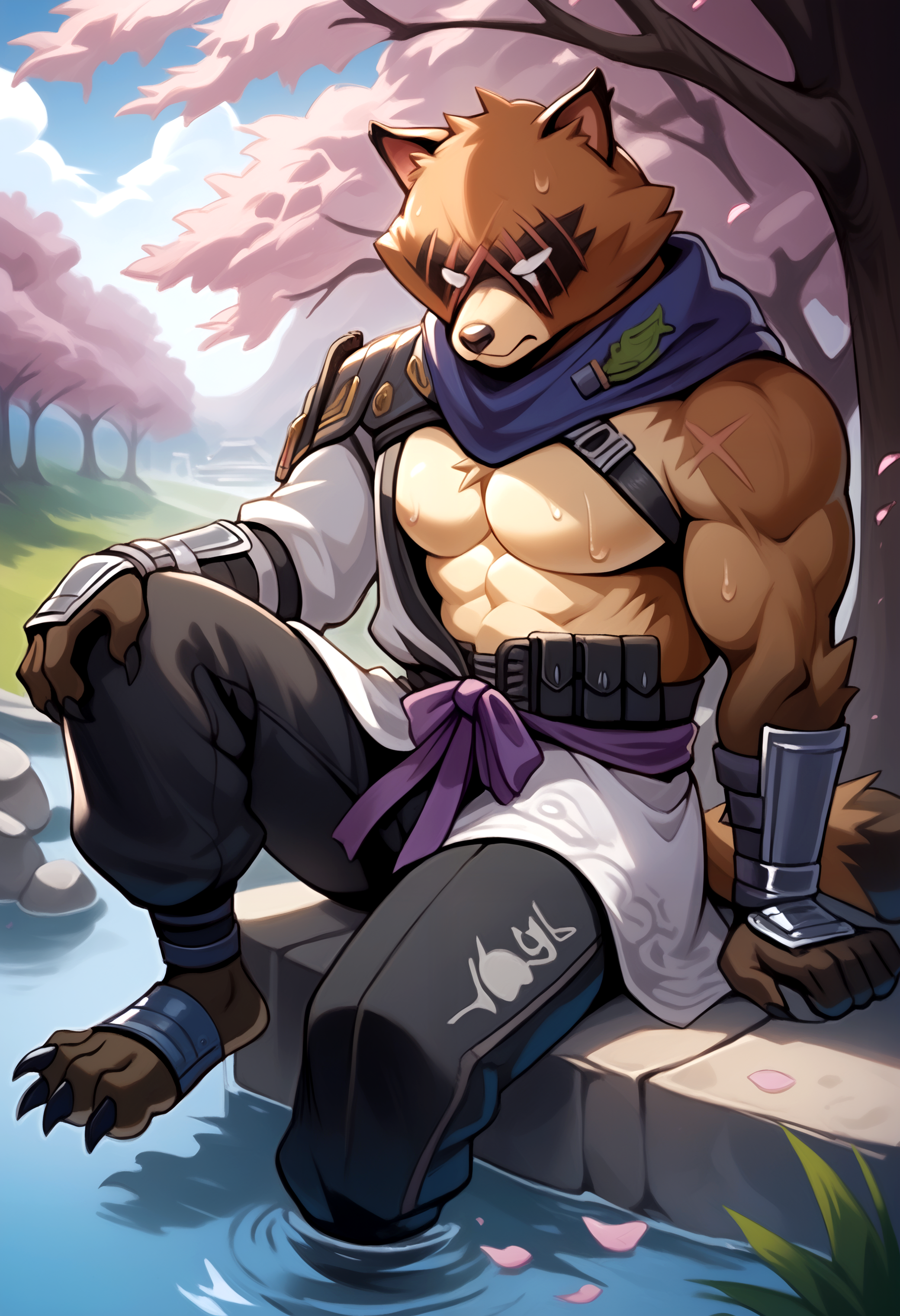 score_9, score_8_up, score_7_up, 8k, detailed background, masterpiece, anthro only, furry only,   solo,  <lora:HajimePony-000005>, Hajime_(Fortnite), no pupils, armor, gauntlet, japanese armor, japanese clothes,  white hadanugi dousa, purple neckerchief, muscular male, black pants,     outside, temple, sweat, sitting, cherry blossom, lake, relaxing,