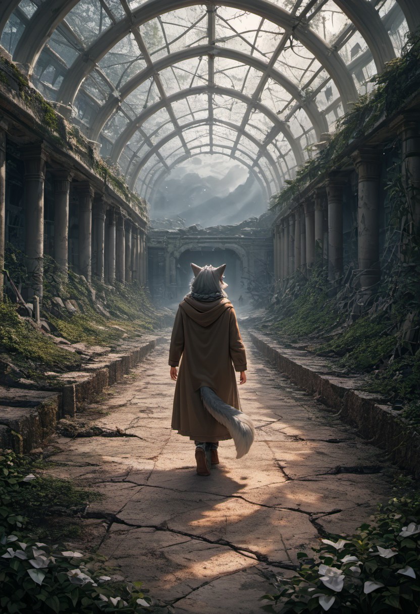 score_9, score_8_up, score_7_up,  fullbody, 1girl, furry, anthro, gray fur, wolf tail, wolf, solo, fullbody, backview, looking arround in wonder, masterpiece, best quality, very aesthetic, close up, gray hair, gray twin braids, green eyes, standing in the ruins of botanic garden with glass ceiling, overgrown, broken glas, snow patches ray of light, dark sky, low light, white snow, (postapocalyptic city), d, dark, worried, concerne, ragged winter clothes