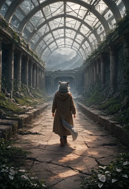 score_9, score_8_up, score_7_up,  fullbody, 1girl, furry, anthro, gray fur, wolf tail, wolf, solo, fullbody, backview, looking arround in wonder, masterpiece, best quality, very aesthetic, close up, gray hair, gray twin braids, green eyes, standing in the ruins of botanic garden with glass ceiling, overgrown, broken glas, snow patches ray of light, dark sky, low light, white snow, (postapocalyptic city), d, dark, worried, concerne, ragged winter clothes