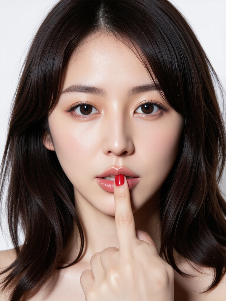 There are wonderful studio lights and various reflections,
18yo beautiful cute girl with blushing and female orgasm.skin naturally showing the texture of blood vessels and detailed pale skin,
--,
<lora:Masami_Nagasawa_f1:0.9>,she is Masami Nagasawa, --,A striking portrait of a supercute Asian model with stunning features, giving a bold and confident expression. Her long, glossy black hair cascades in soft waves around her face, highlighting her flawless, glowing skin. She has bright, expressive eyes framed by long lashes, and her lips are full and slightly parted, emphasizing her natural beauty. The model is holding her finger up to her lips in a playful yet defiant gesture, with her manicured nails painted a vibrant red. The lighting is bright and clean, casting a soft glow on her face, enhancing her delicate features. The overall mood is both daring and elegant, blending a sense of beauty with an edgy attitudeï¼A soft erotic atmosphere, the light evokes sexual desire.