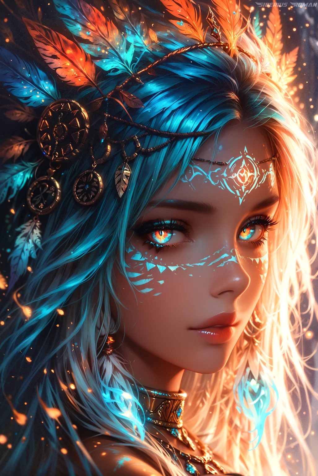 Masterpiece, Top Quality, Fantasy portrait, tribal goddess, intricate face paint, glowing blue patterns, ornate headdress, bioluminescent makeup, ethereal lighting, vibrant turquoise and orange, detailed jewelry, mystical atmosphere, digital art, high detail, surreal, otherworldly, luminous eyes, sacred geometry, futuristic tribal, iridescent, magical realism, 8k resolution