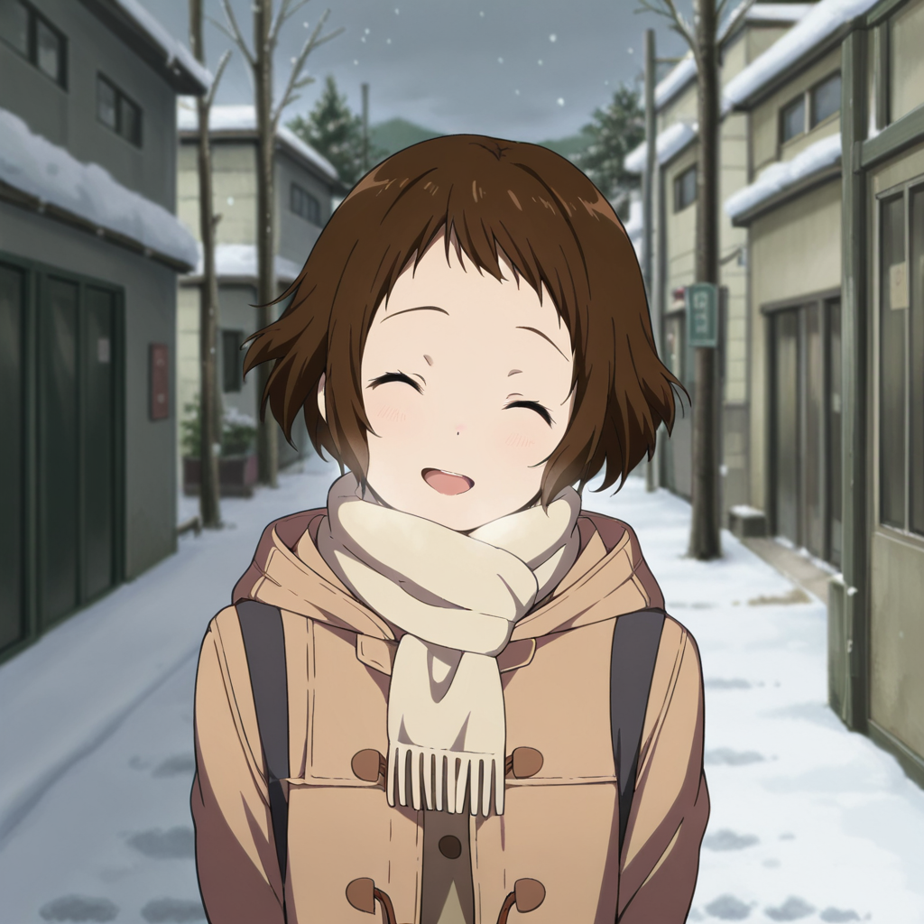 masterpiece, best quality, amazing quality, 1girl, solo, kotenbu_series_lbara_mayaka, standing, closed eyes, brown hair, short hair, smile, scarf, open mouth, coat, facing viewer, ^ ^, :d, outdoor, snow, street, <lora:Ibara_Mayaka_-_Kotenbu_Series:0.7>