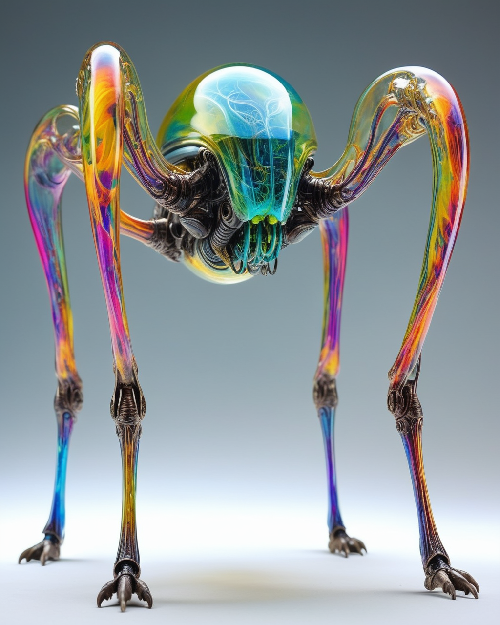 focus on alien non-anthropomorphic bioengineered creature, 4 legs, transparency:1.3, (detailed cybernetic implants fused with organic matter:0.5), full body, (with intensely vibrant swirling colors:1.9), realistic photo, <lora:add-detail-xl:1.0> ,   <lora:artialien:1> artialien , <lora:xl_more_art-full_v1:0.5>