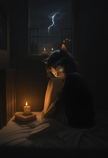 painterly, artist:[caravaggio|adam de coster|yoneyama mai|cursedweeboo|daodtt|diao \(nrays\)|ravine bells],
1girl, cat girl, cat ears, scared, sweatdrop, hugging own legs, sitting in the corner, from side, tears, long eyelashes, colored eyelashes, indoors, window, dark, night, candle, [|storm clouds, a flash of lightning brightly illuminates the dark room, books strewn about, messy, bookcase, posters, bed, discarded clothing:0.1], 
newest, impasto, brushstroke, impressionism, chiaroscuro, oil painting \(medium\), newest, absurdres, masterpiece, very aesthetic