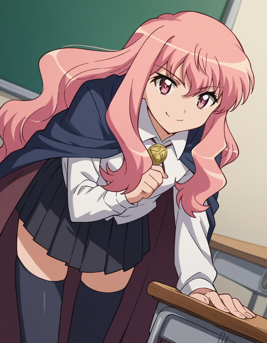 score_9, score_8_up, score_7_up, source_anime,
louisefrancoiseleblancdelavalliere, <lora:louise-francoise-le-blanc-de-la-valliere-s3-ponyxl-lora-nochekaiser:1>,
louise francoise le blanc de la valliere, long hair, pink hair, pink eyes, sidelocks,
skirt, thighhighs, cape, zettai ryouiki, long sleeves, shirt, white shirt, collared shirt, black skirt, pleated skirt,
indoors, classroom, bent over, smile,
looking at viewer, cowboy shot, solo, dutch angle