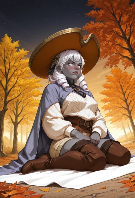 very awa, flat_colors, anime_coloring, anime_style, [sei shoujo], [yoshiten], style parody, [bang dream!], [arcane: league of legends], [league of legends], (dynamic angle:1.3), (cowboy shot:1.2) BREAK 1girl, solo, <lora:Dwarf_r2:0.7> Duergar, (short stature:1.2), big nose, <lora:LeafMakerGod_BulkGirl_illustrious_Leaf1:0.4> LeafBulkGirl, short, thick arms, white hair, drill hair with hair ornament, white eyes, mole on body , anchor tattoo, (grey skin:1.2), muscular body, narrow waist, thin thighs,, , perfect hands, colored lips, (determined), fullface blush BREAK wearing grey_purple silk cloak, ribbed (detailed deep teal and pink aran sweater), long sleeves, pastel grey_orange leather baggy shorts, thigh boots, sombrero BREAK medieval, fantasy, outdoors, fantasy park, wood buildings, , urban details, trees,streets, reclining, sitting, wariza , arms in lap, on ground, blanket, flowers, autumn, twilight, cool soft light, night sky,, volumetric lighting BREAK <lora:Expression_Detailer_Illustrious_Lora:0.7> <lora:DarkerThanDarkIllustriousV1:0.5> <lora:Relatively_Default_V1_Illu_Edition:0.6> RD-Illu