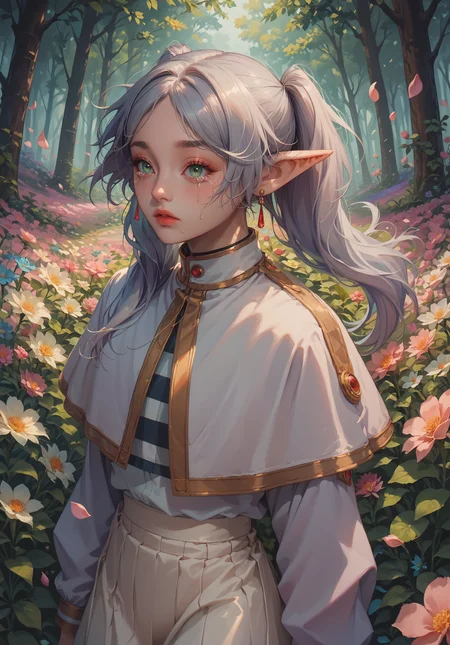 score_9,score_8_up,score_7_up,forest,flower field,flowers,petals,colorful,plant,<lora:frieren-ponyxl-lora-nochekaiser>,frieren,long hair,twintails,green eyes,grey hair,pointy ears,elf,shirt,long sleeves,jewelry,pantyhose,earrings,striped,black pantyhose,capelet,striped shirt,skirt,((white skirt)),from above,tears,floating hair,zPDXL2,<lora:add-detail-xl:1.5>,<lora:flowers:0.8>,valentinenaturestyle,looking to the side,streaming tears,<lora:nostalgic_east_1.1:0.8>,flower,