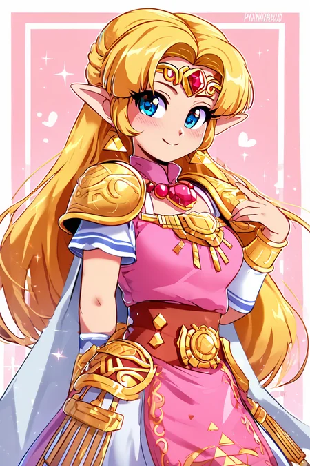 score_9, score_8_up, score_8, medium breasts, (curvy), cute, eyelashes,       BREAK, , zzUZelda, blonde hair, jewelry, dress, pink tabard, triforce, circlet, armor, earrings, necklace, shoulder armor, tiara, <lora:UltimatePrincessZelda_PDXL_v1:0.8>,, BREAK, smile, closed mouth, looking at viewer, cowboy shot, embedding:zPDXL, Expressiveh, <lora:Konpeto_PDXL_v3:1.0>,  <lora:SDXLFaeTastic2400:0.5>,  <lora:Expressive_H-000001:0.4>,