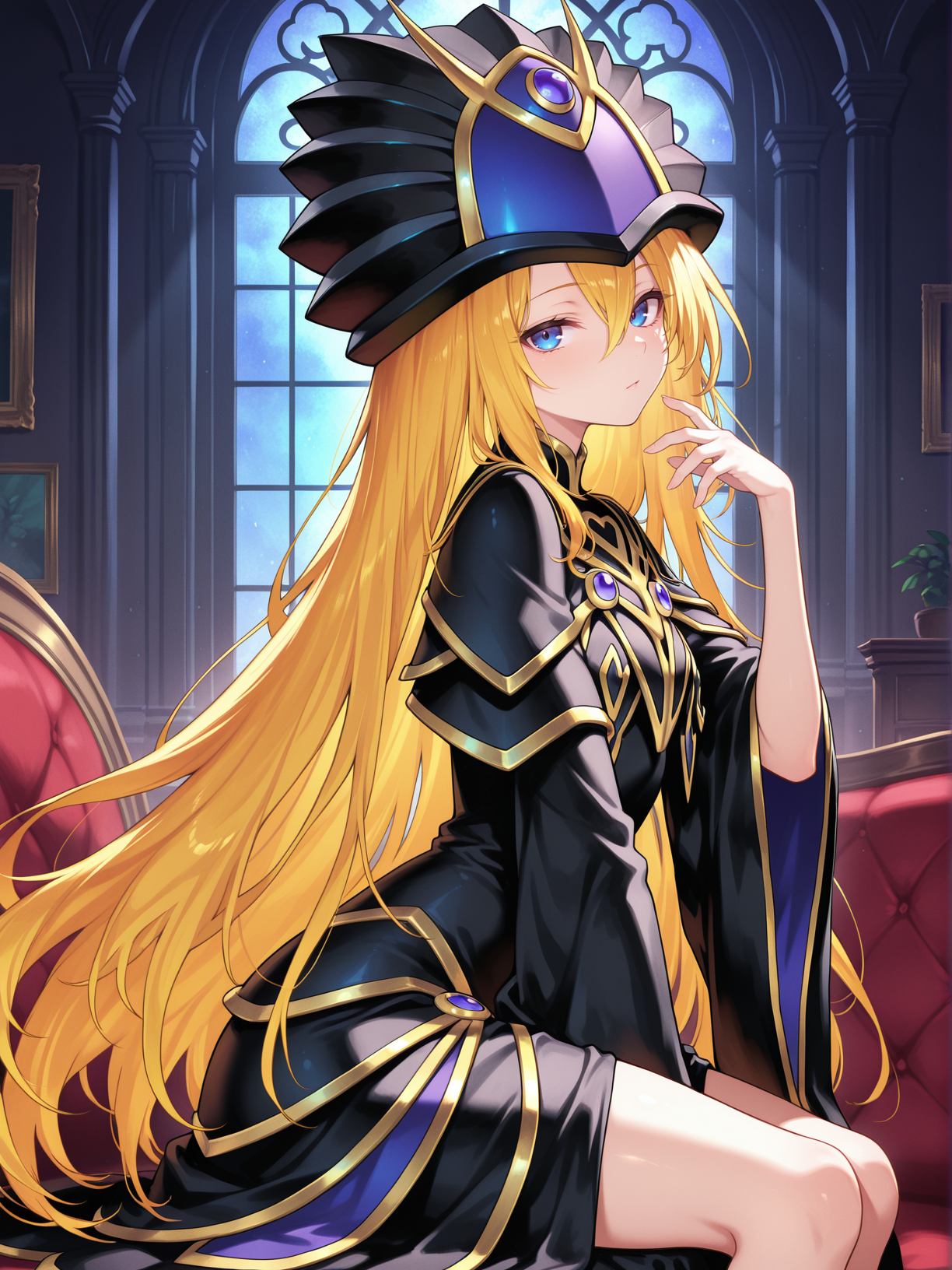dark doriado, 1girl, solo, looking at viewer, sitting, hand up, windows,black robe, black wizard hat, from side, very long hair, indoors, 
masterpiece,best quality,amazing quality,very aesthetic,absurdres,newest,<lora:Doriado 4 in 1 illusXL v1.1:0.7>,