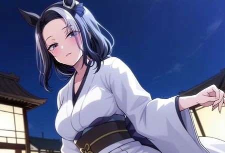 18 years old ,women,solo,1girl,nsfw,
rmnsd, horse girl, multicolored hair, streaked hair, ear ornament, mole under eye saimin.il,
saimin, tsubaki, white clothes, white kimono,
clothed girl, kimono,
