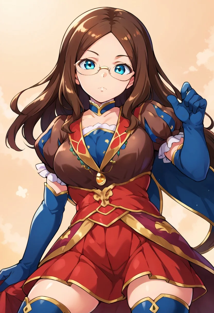 (zPDXL3),
(zPDXLxxx),
1girl,
solo,
leodv,
brown hair,
long hair,
parted bangs,
blue eyes,
large breasts,
glasses,
brown dress,
short puffy sleeves,
red skirt,
blue gloves,
elbow gloves,
blue thighhighs,
looking at viewer,
uncensored,
from below,
bust up,